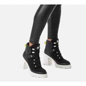 NEW SOREL Brex Leather & Faux Shearling Block Heel Lace-Up Bootie US 8.5
